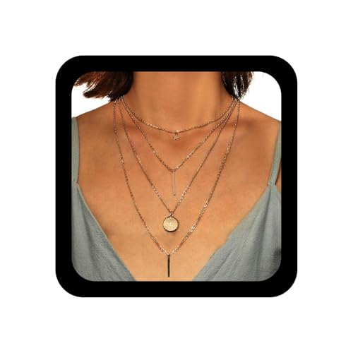 Yheakne Boho Geschichtete Münzbarren Halskette Gold Disc Anhänger Halskette Kette Multi Layer Vintage Stern Halskette Schmuck für Frauen und Teen Mädchen (Gold A) von Yheakne