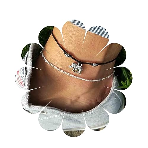 Yheakne Boho Geschichteten Elefanten Knöchel Armband Silber Satellit Fußkettchen Armband Retro Schwarz Seil Fußkettchen Kette Personlized Fuß Kette Schmuck Für Frauen Und Mädchen Geschenke (Elefant) von Yheakne