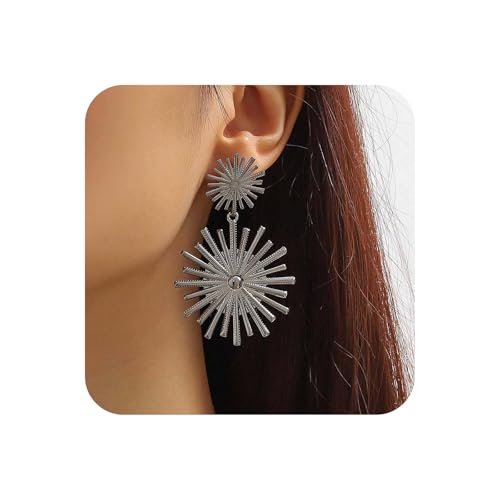 Yheakne Boho Große Sunburst Ohrringe Silber Sonnenstrahl Ohrringe Übertrieben Sunburst Ohrstecker Geometrische Sonne Tropfen Ohrringe Schmuck Für Frauen（silver） von Yheakne