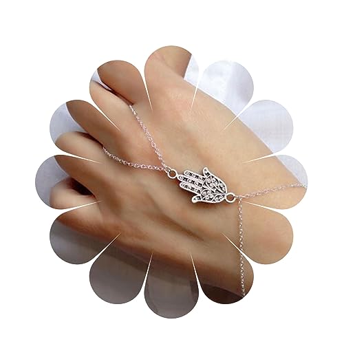 Yheakne Boho Hamsa Finger Ring Armband Silber Hand Sklave Armband Minimalistisch Handgelenk Armband Vintage Futian Ring Armband Handkette Schmuck Für Frauen Und Mädchen von Yheakne