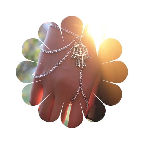 Yheakne Boho Hamsa Sklavenarmband Silber Hand Finger Armband Vintage Ring Armband Layering Kette Handgelenk Armband Retro Handgeschirr Armreif Hand Kette Schmuck Für Frauen Und Mädchen von Yheakne