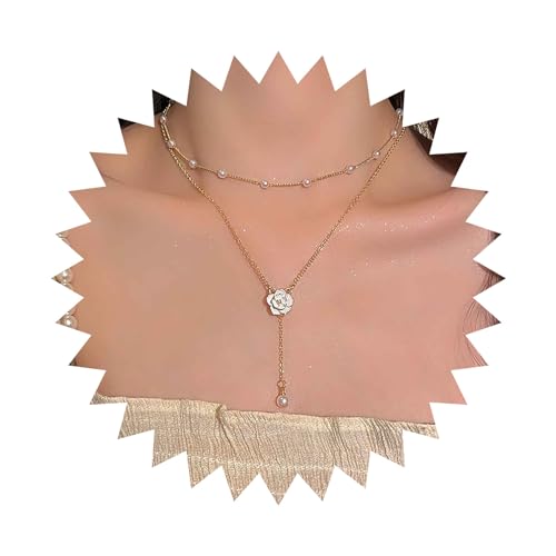 Yheakne Boho Kamelie Perle Y Lariat Halskette Kamelie Blume Anhänger Halskette Gold Perle Perlen Choker Halskette Vintage Geschichteten Perle Kette Halskette Schmuck Für Frauen Und Mädchen von Yheakne