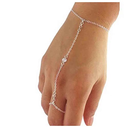Yheakne Boho Kristall Finger Armband Silber Ring Handgelenk Vintage Sklavenarmband Minimalistische Ring Kette Hand Ketten Schmuck Für Frauen Und Mädchen (Silber) von Yheakne