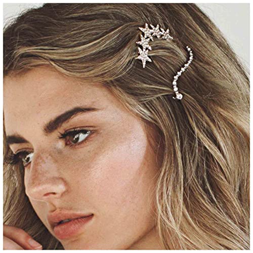 Yheakne Boho Kristall Mond Stern Haarspange Cz Stern Haarspange Gold Strass Mondsichel Haarspange Cz Haarspange Kopfbedeckung Dekorative Kopfbedeckungen Für Frauen Und Mädchen (gold Stern Und Mond) von Yheakne