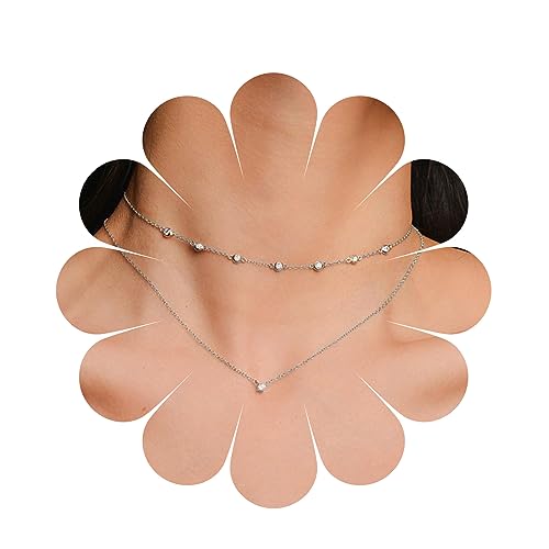 Yheakne Boho Layered Kristall Halskette Silber Strass Anhänger Halskette Sparkle Cz Kette Halskette Hochzeit Solitaire Halskette Kette Schmuck für Frauen und Mädchen (Silber) von Yheakne