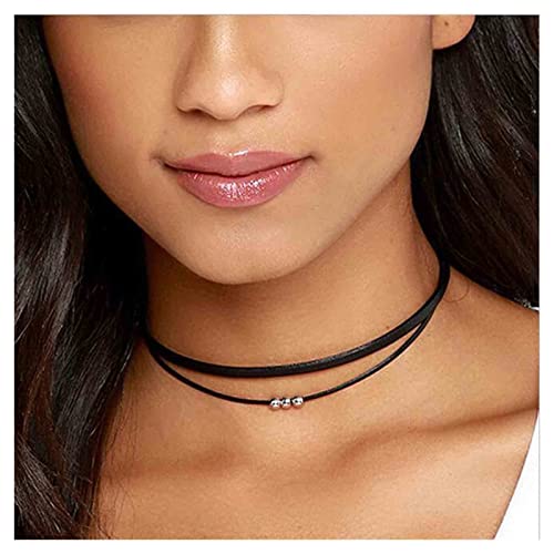 Yheakne Boho Layered Suede Choker Halskette Short Black Velvet Vintage Leder Silber Perlenkragen Kette Schmuck für Frauen und Mädchen von Yheakne