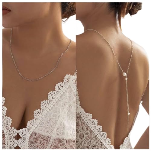 Yheakne Boho Pearl Back Halskette Gold Pearl Backdrop Halskette Tiny Pearls Back Chain Drop Halskette Wedding Pearl Body Chain Schmuck für Frauen und Mädchen (Gold) von Yheakne