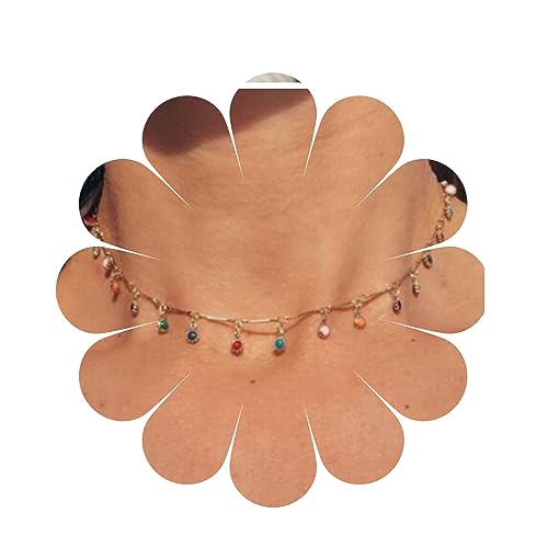 Yheakne Boho Regenbogen Kristall Halskette Choker Mehrere Cz Kristall Baumeln Halskette Bunte Edelstein Choker Halskette Strand Regenbogen Perlen Halskette Kette Schmuck Für Frauen Und Mädchen von Yheakne