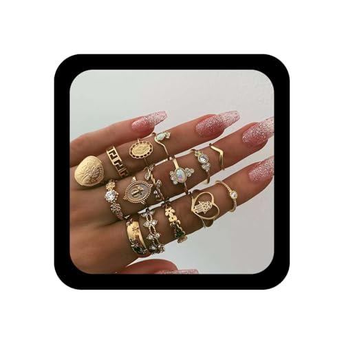 Yheakne Boho Ring Set Gold Ringe Schlangenknöchel Set Midi Punk Ringe Strass Mode Ringe Accessoires für Damen und Mädchen (Motiv 1) von Yheakne