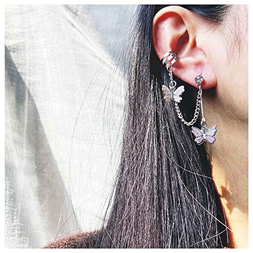 Yheakne Boho Schmetterlingskette Ohrringe Silberne Manschette Quaste Ohrringe Drapierende Kette Ohrstecker Schmetterling Wrap Clip auf Ohrring Schmuck für Frauen und Mädchen (Schmetterling) von Yheakne
