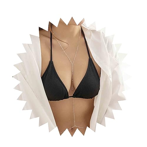 Yheakne Boho Sklavenkette Körperkette Silber Bikini-BH-Kette Halskette Lange Perle Geschirr BH Halskette Strand Körperkette Schmuck Für Frauen Und Mädchen Sommer Geschenke (Silber) von Yheakne