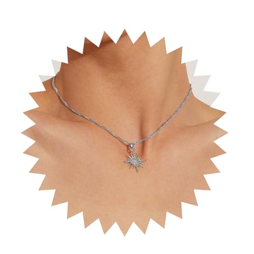 Yheakne Boho Starburst Anhänger Halskette Silber Northstar Choker Halskette Vintage Kristall Stern Kragen Halskette Strass Starburst Halskette Schmuck Für Frauen Und Mädchen von Yheakne