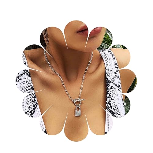 Yheakne Boho Strass Schloss Anhänger Halskette Silber Büroklammer Kette Choker Cz Gepflastert Vorhängeschloss Halskette Kreis T Bar Toggle Halskette Kettenschmuck Für Frauen Und Mädchen (silber) von Yheakne