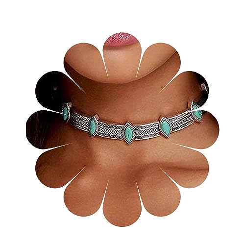 Yheakne Boho Türkis Choker Halskette Vintage Türkis Halskette Klobige Silberne Kette Halskette Dickes Kollabon Halskette Zigeuner Halskette Kettenschmuck Für Frauen Und Mädchen Tribal Halskette von Yheakne