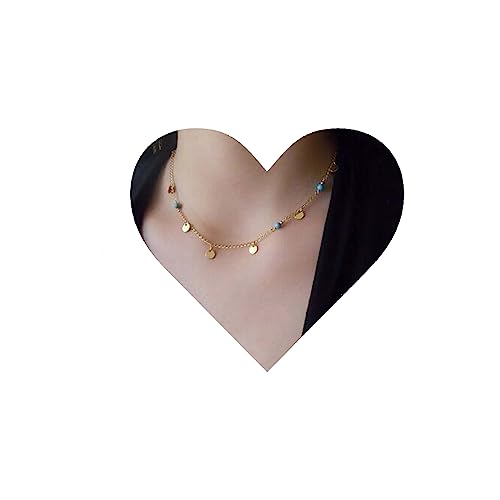 Yheakne Boho Türkis Münze Choker Halskette Gold Disc Anhänger Halskette Minimalistische Blaue Edelstein Halskette Vintage Station Halskette Schmuck für Frauen und Mädchen von Yheakne