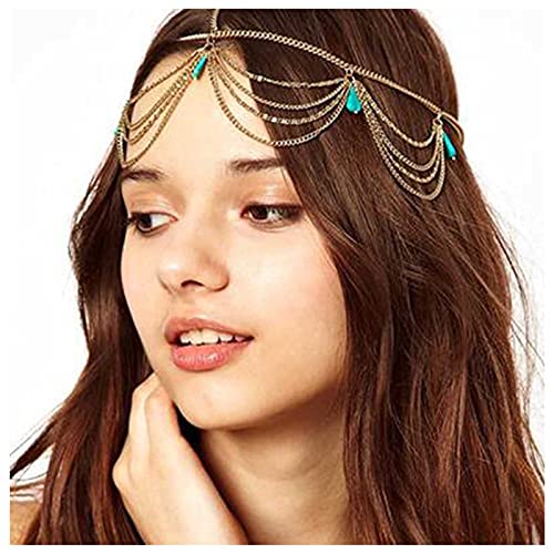 Yheakne Boho Türkis Stirnband Gold Layered Quaste Kopf Kette Gypsy Haarkette Festival Hochzeit Kopfschmuck Dekorativer Kopfschmuck Haarschmuck für Frauen und Teen Mädchen Geschenke von Yheakne
