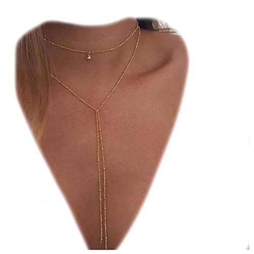 Yheakne Doppellagiger Choker Lange Quaste Kette Halskette Gold Wrap Kette Halskette Dünne Quaste Y Halskette Kette Lange Halsketten für Frauen und Mädchen von Yheakne