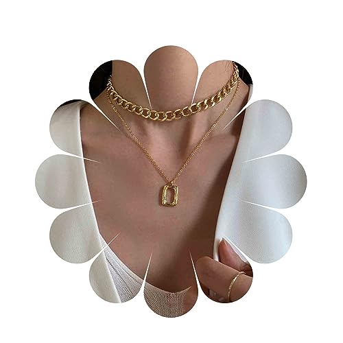 Yheakne Geometrische Quadratische Anhänger Halskette Gold Geschichtete Bordsteinkette Halskette Klobige Flache Kette Choker Halskette Hohle Quadratische Halskette Schmuck Für Frauen Und Mädchen (Gold) von Yheakne