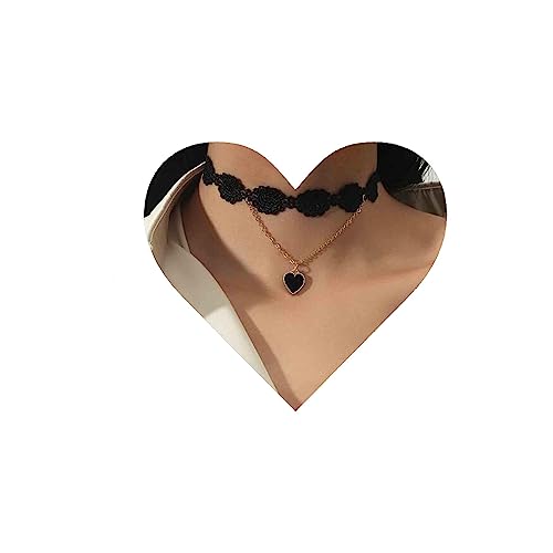 Yheakne Geschichtete Spitze Herz Choker Halskette Schwarze Blumenspitze Halskette Herz Anhänger Halskette Kette Gothic Halskette Schmuck für Frauen und Mädchen (Stil B) von Yheakne