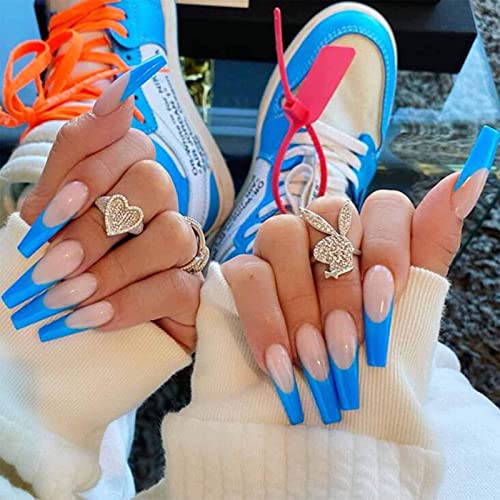 Yheakne Künstliche Fingernägel in V-Form zum Andrücken, Ombré-Ballerina-Optik, modisch, Nude Blau, französische Spitzen, zum Andrücken, künstliche Nägel für Frauen, 24 Stück (lange blaue Spitzen) von Yheakne