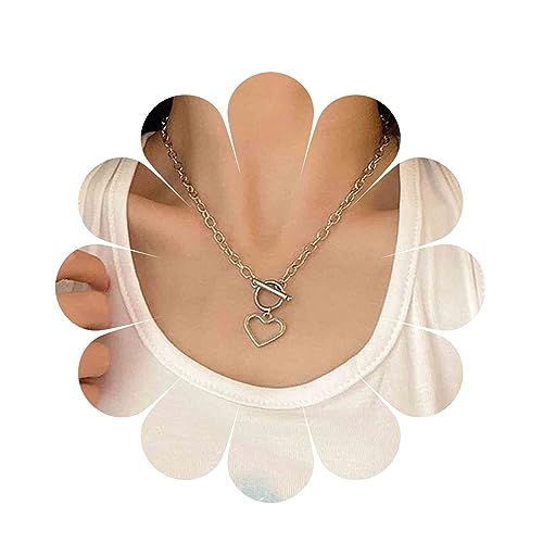 Yheakne Liebe Herz Choker Halskette Hohles Herz Anhänger Halskette Silber Dicke Kette Umschalthebel Halskette Büroklammer Kette Kette Punk Schmuck Für Frauen Und Mädchen von Yheakne