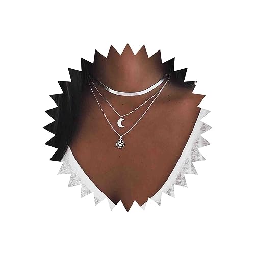 Yheakne Mehrlagige Mond Kette Halskette Silber Lebensbaum Halskette Boho Flache Schlangenkette Halskette Vintage Mond Anhänger Halskette Schmuck Für Frauen Und Mädchen von Yheakne