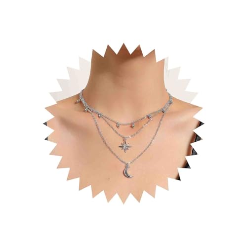 Yheakne Mehrschichtige Kette Boho Mond Anhänger Silber Kristall Starburst Choker Vintage Schmuck Für Frauen Und Mädchen von Yheakne