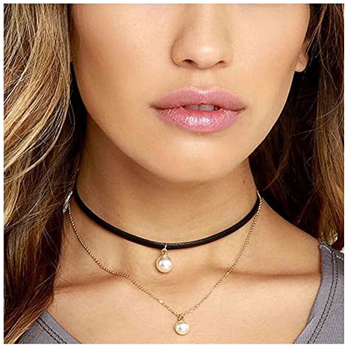 Yheakne Punk Geschichtetes Leder Choker Halskette Gold Perlen Anhänger Halskette Kurz Boho Halskette Doppelt Geschichtetes Schwarzes Halsband Halskette Kettenschmuck Für Frauen Und Mädchen von Yheakne