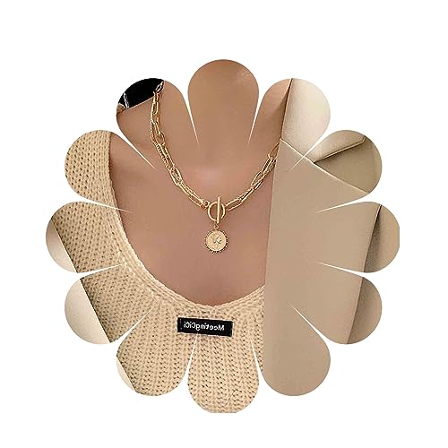 Yheakne Punk Layered Toggle Halskette Choker Gold Büroklammer Kette Halskette Toggle Bar Verschluss Halskette Vintage Coin Disc Anhänger Halskette Kette Schmuck für Frauen und Mädchen Geschenk von Yheakne