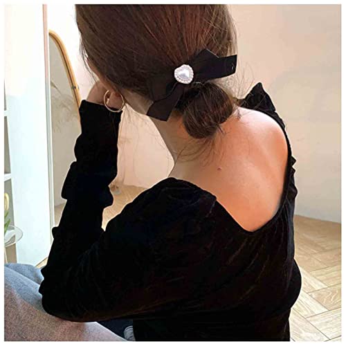 Yheakne Samtschleife Haarspange Satin Schwarz Lange Schwanz Haarschleife Kopfschmuck Winter Haargummi Schleife Französische Haarspange Kopfbedeckung Haarschmuck für Frauen und Mädchen (Satin Black) von Yheakne