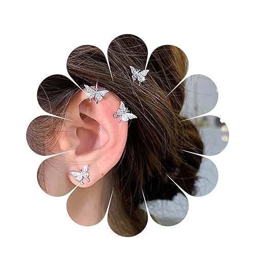 Yheakne Schmetterling Manschette Wrap Ohrringe Silber Schmetterling Ohrclimber Ohrringe Winzige Kristall Ohrstecker Ohrringe Strass Helix Manschette Ohrringe Schmuck Für Frauen Und Mädchen (Silber) von Yheakne