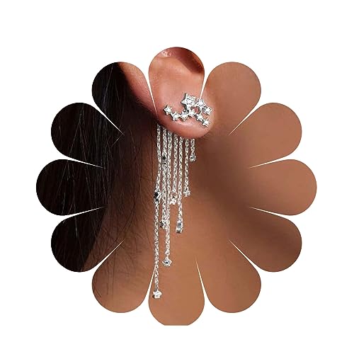 Yheakne Sternkette Ohrringe Silber Quastenkette Ohrringe Böhmischer Stern Ohrhänger Lange Kristall Quaste Ohrring Schmuck Für Frauen Und Mädchen Geschenke (Silber) von Yheakne