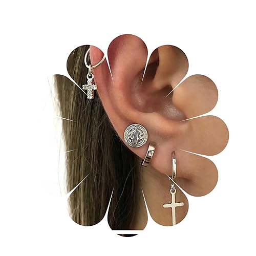 Yheakne Vintage Kreuz Creolen Silber Cz Kristall Kreuz Tropfen Ohrringe Wunderbare Jungfrau Maria Ohrstecker Breite Creolen Manschettenohrringe Mehrere durchbohrte Ohrringe Set für Frauen und Mädchen von Yheakne