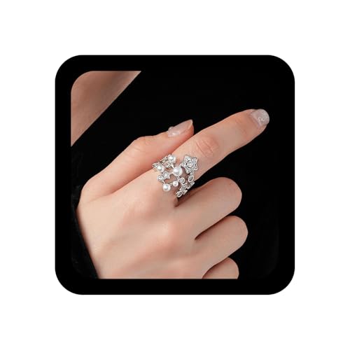 Yheakne Vintage Kristall Perlen Ring Silber Strass Stern Ring Einstellbar Offen Finger Ringe Cluster Cz Eheringe Schmuck Für Frauen von Yheakne