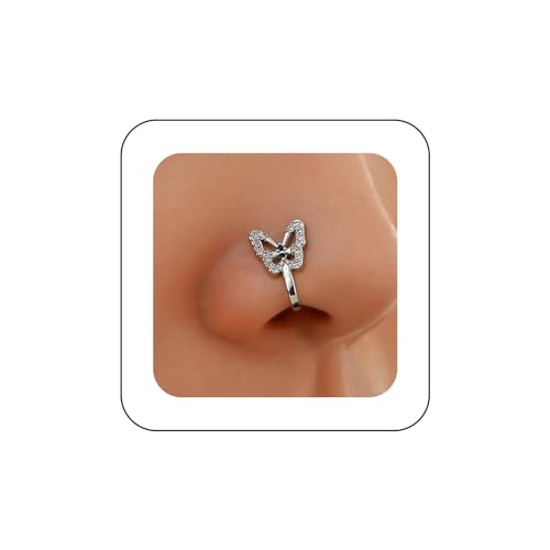 Yheakne Vintage Kristall Schmetterling Nase Ring Gold Cz Schmetterling Nase Manschette Kristall Septum Nase Ringe U Geformt Clip Auf Nase Stud Cz Hoop Nase Piercing Schmuck Für Frauen Mädchen（silver） von Yheakne