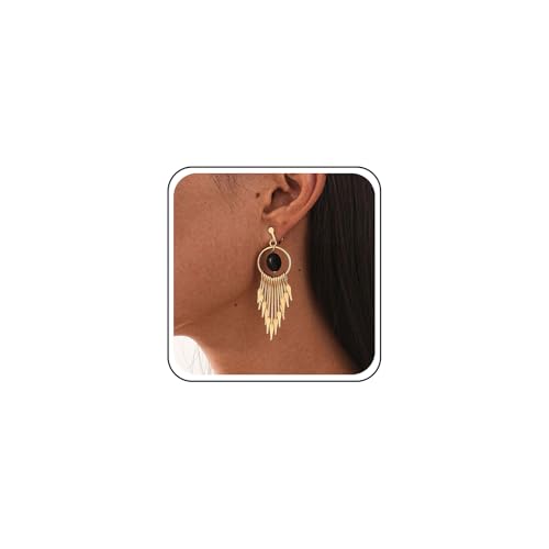 Yheakne Vintage Metall Quaste Tropfen Ohrringe Hohl Runde Fan Ohrringe Schwarz Onyx Perle Ohrring Gold Clip Auf Nicht Piercing Ohrring Schmuck Für Frauen von Yheakne