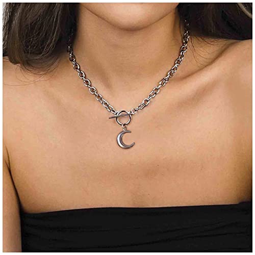 Yheakne Vintage Moon Circle Choker Halskette Crescent Moon Anhänger Halskette Punk Dicke Kette Halskette Silber Toggle Halskette Büroklammer Kette Punk Schmuck für Frauen und Mädchen von Yheakne