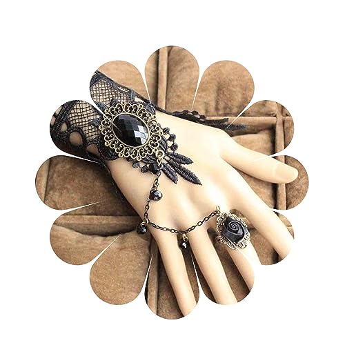 Yheakne Vintage Schwarzer Kristall Finger Armband Schwarzes Spitzenarmband mit Ring Handgelenk Armband Punk Layered Slave Armband Retro Schwarz Handkette Schmuck für Frauen und Mädchen (Spitze A) von Yheakne