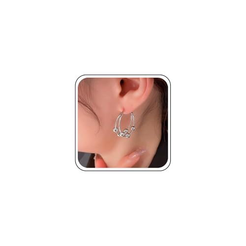 Yheakne Vintage Silber Perle Ball Hoop Ohrringe Perlen Doppelreifen Ohrringe Übertrieben Geometrischen Kreis Ohrring Runde Erklärung Huggie Ohrring Schmuck Für Frauen von Yheakne