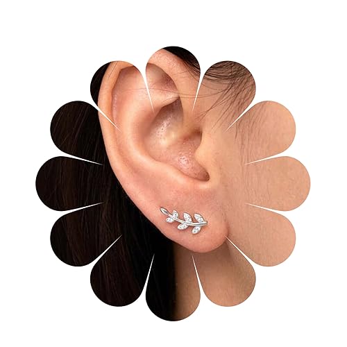 Yheakne Vintage Strass Blatt Ohrclimber - Silber Kristall Ohrringe Mit Funkeln CZ - Niedlich Botanischen Pflanze Schmuck Für Frauen Und Mädchen von Yheakne