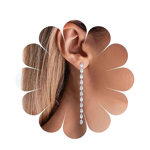 Yheakne Vintage Strass Kette Tropfen Ohrringe - Silber Linearen Kristall Funkeln Cz Quaste Lange Kette Ohrstecker - Dünne Kronleuchter Schmuck Für Frauen (Oval Kristall) von Yheakne