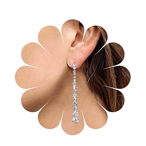 Yheakne Vintage Strass Kette Tropfen Ohrringe Silber Linearen Kristall Ohrringe Funkeln Cz Quaste Ohrringe Lange Cz Kette Ohrstecker Schmuck Für Frauen Und Mädchen (rund Kristall) von Yheakne