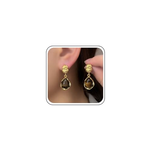 Yheakne Vintage Tigerauge Tropfen Ohrringe Gold Gehämmert Scheibe Ohrstecker Tigerauge Edelstein Baumeln Ohrring Braun Edelstein Tropfen Ohrring Schmuck Für Frauen von Yheakne