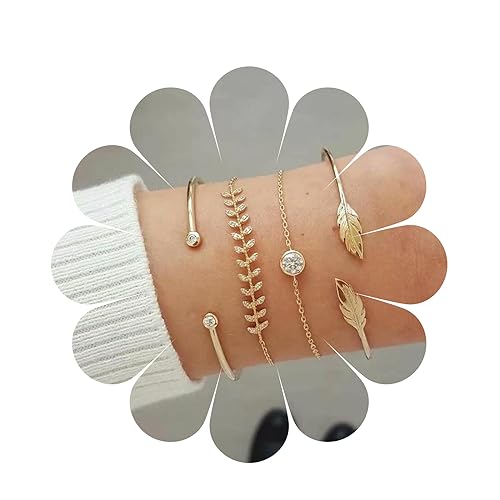 Yheakne Vintage geschichteter Gold-Armreif Chunky Gothic Fischgräten-Armband Pfeil-Blatt-Armband verstellbares Blatt offenes Armband Chevron V Pfeil-Armband-Set Schmuck für Frauen und Mädchen (Gold A) von Yheakne