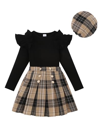 Yhnslsf Mädchen-/Teenagerkleidung, Herbst-Winter-Outfits, langärmeliges Oberteil mit Rüschenärmeln und plissiertem Minirock, Größe 7–14 Jahre, Schwarz Apricot, 13-14 Jahre von Yhnslsf
