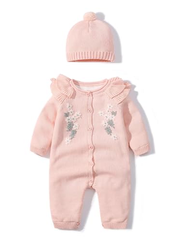Yhong Baby Mädchen Strick Overall aus Bio Baumwolle Pullover gestrickt Strampler Kleinkind Herbst Winter Bodysuit Jumpsuit mit Hut Rosa 62-68 von Yhong