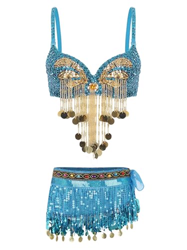 Yhong Bauchtanzkostüm Damen Belly Dance Rave Set mit Pailletten BH Oberteil mit Quaste Gürtel Hüfttuch Bauchtänzerin Kostum Hellblau Einheitsgröße Yhong Bauchtanzkostüm Damen Belly Dance Rave Set mit Pailletten BH Oberteil mit Quaste Gürtel Hüfttuch Bauchtänzerin Kostum Hellblau Einheitsgröße von Yhong
