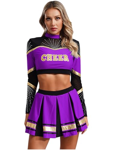 Yhong Cheerleading Kostüm Damen High School Uniform Langarm Bauchfrei Crop Top und Minirock Cheer Kostüm für Halloween Party Verkleidung Karneval Violett XL von Yhong