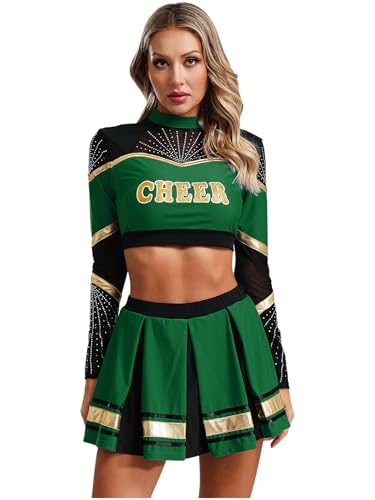 Yhong Cheerleading Kostüm Damen Zweiteiler High School Uniform Langarm Crop Top und Faltenrock Cheer Kostüm für Halloween Party Verkleidung Karneval Grün XL von Yhong