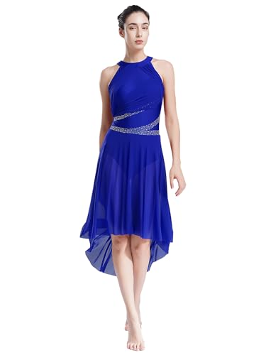 Yhong Damen Ballettkleid Lyrisches Tanz Kostüm mit Mesh Asymmetrisch Rock Ballett Trikot Body Kleid modernen zeitgenössischen Tanz Tüllkleid Blau XL von Yhong